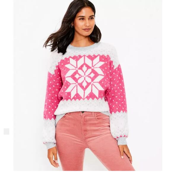 NWT LOFT Fuchsia Pink & Grey Snowflake Fair Isle Crewneck Sweater - SIZE M - Picture 7 of 9